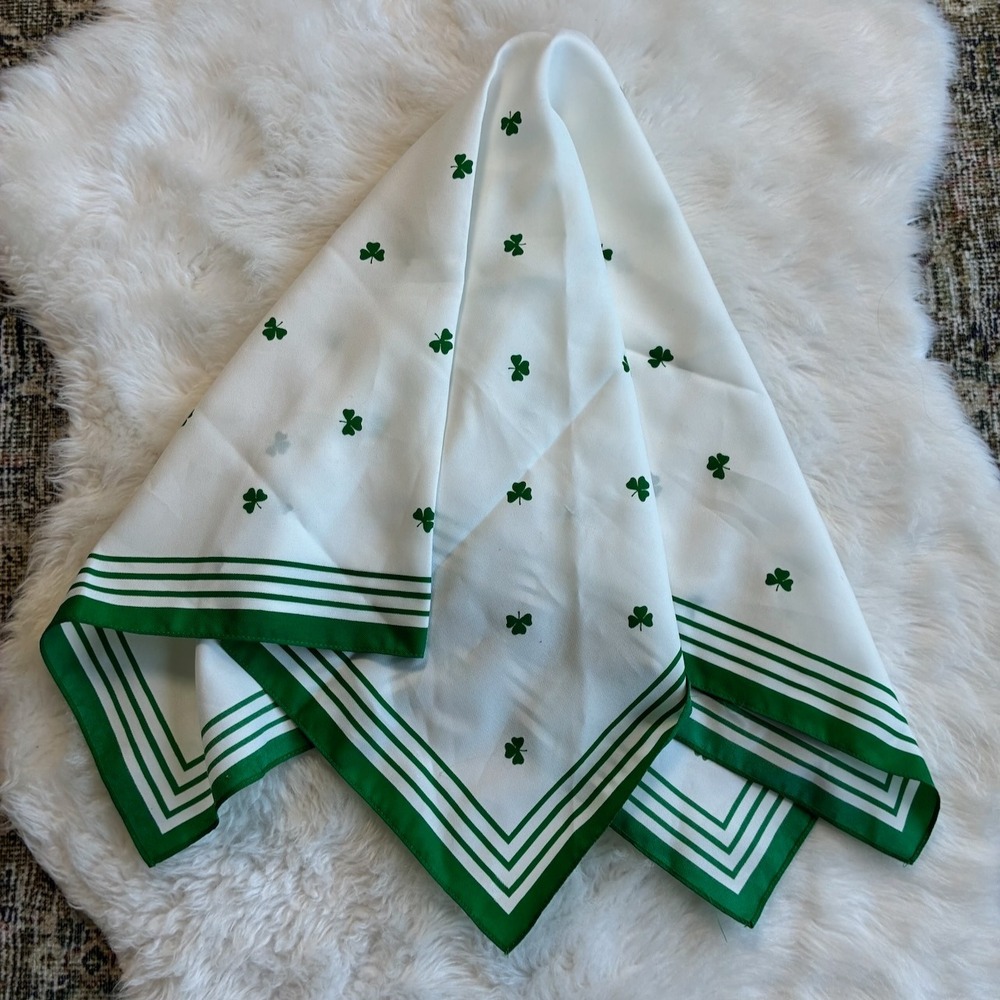 St Patricks Day Four Leaf Clover Shamrock Square Scarf Green White 26x26